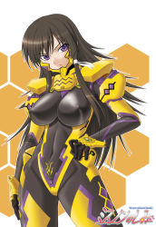 Rule 34 | 1girl, black hair, bodysuit, breasts, covered erect nipples, large breasts, long hair, misnon the great, muv-luv, muv-luv alternative, muv-luv total eclipse, pilot suit, purple eyes, solo, takamura yui