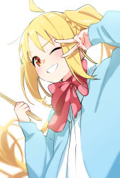 Rule 34 | 1girl, absurdres, blonde hair, blue jacket, bocchi the rock!, bow, collared shirt, drumsticks, highres, holding, holding drumsticks, ijichi nijika, jacket, long hair, long sleeves, looking at viewer, one eye closed, open clothes, open jacket, open mouth, red bow, school uniform, shirt, side ponytail, sidelocks, simple background, smile, solo, teeth, tochi keisuke, upper body, v, white background, white shirt