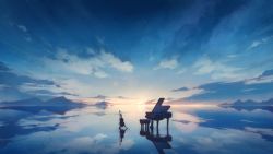 Rule 34 | blue sky, bow (music), cloud, day, highres, instrument, no humans, original, piano, piano bench, reflection, scenery, sky, sunrise, violin, water, zeniyan
