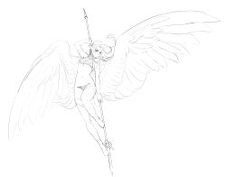 Rule 34 | 1girl, absurdres, angel, angel wings, armband, blush, breasts, closed mouth, commentary, english commentary, feathered wings, floating hair, flying, greyscale, haohi (less), highres, holding, holding weapon, less, long hair, medium breasts, monochrome, monochrome, navel, original, panties, pointy ears, polearm, simple background, smile, socks, solo, spear, spread wings, underwear, weapon, white background, wings