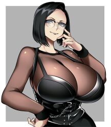 Rule 34 | 1girl, black corset, black hair, black lips, breasts, chain, cleavage, closed mouth, commentary, commission, corset, english commentary, glasses, goth fashion, grey background, huge breasts, hz (666v), large breasts, leather bikini, original, outside border, second-party source, see-through, see-through shirt, short hair, skeb commission