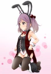 Rule 34 | 10s, 1girl, :o, ahoge, animal ears, bare shoulders, black thighhighs, blush, bow, bowtie, breasts, cleavage, detached collar, fake animal ears, fake tail, flat chest, food print, garter straps, gradient background, hair between eyes, hair bobbles, hair ornament, kantai collection, kneeling, leotard, no shoes, open mouth, panties, playboy bunny, print panties, purple eyes, purple hair, rabbit ears, rabbit tail, sazanami (kancolle), short hair, sidelocks, soborou, solo, strawberry panties, strawberry print, tail, thighhighs, twintails, underwear, wrist cuffs, zettai ryouiki