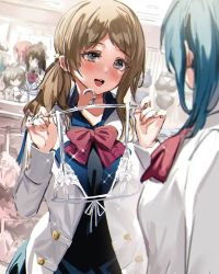 Rule 34 | 5girls, :d, black eyes, blue hair, blush, bow, bowtie, bra, brown hair, clothes hanger, clothes shop, eye contact, hair ornament, highres, indoors, jacket, long hair, long sleeves, looking at another, multiple girls, open clothes, open jacket, open mouth, original, orihi chihiro, parted bangs, red bow, red neckwear, school uniform, shopping, side ponytail, smile, star (symbol), star hair ornament, underwear, white bra, white jacket
