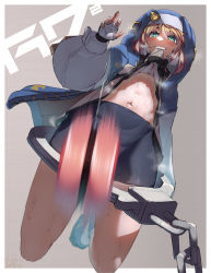 Rule 34 | 1boy, androgyne symbol, bike shorts, blonde hair, blush, bridget (guilty gear), clothes pull, cross, cuffs, dated, drawstring, fingerless gloves, from below, gloves, green eyes, guilty gear, guilty gear strive, habit, hair between eyes, handcuffs, highres, hood, kneeling, long sleeves, looking at viewer, looking down, male focus, mikichika, mouth hold, navel, pulled by self, shirt pull, shorts, sidelocks, signature, solo, steam, steaming body, stomach, sweat, sweatdrop, trap, yo-yo, zipper