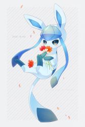 Rule 34 | alopias, blush, commentary request, creatures (company), dated, flower, game freak, gen 4 pokemon, glaceon, green eyes, holding, holding flower, nintendo, no humans, orange flower, petals, pokemon, pokemon (creature), red flower, solo