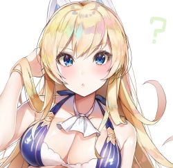 Rule 34 | 1girl, :o, ?, ascot, azur lane, bare shoulders, blonde hair, blue eyes, blush, braid, breasts, cleavage, collarbone, dress, glorious (azur lane), hair between eyes, hand in own hair, headgear, highres, large breasts, long hair, looking at viewer, open mouth, sidelocks, simple background, solo, upper body, very long hair, white background, yayoichi (yoruyoru108)