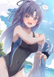 Rule 34 | 1girl, armpits, bare shoulders, black halo, black one-piece swimsuit, blue archive, blue eyes, blue hair, blue jacket, blue sky, blush, breasts, cloud, cloudy sky, collarbone, commentary request, competition swimsuit, covered navel, embarrassed, groin, halo, highres, jacket, large breasts, long hair, looking at viewer, mechanical halo, nose blush, ocean, one-piece swimsuit, open mouth, parted bangs, ponytail, sky, solo, spoken blush, swimsuit, track jacket, tree, unworn jacket, wavy mouth, yusuka yuu, yuuka (blue archive), yuuka (track) (blue archive)