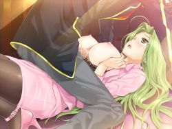 Rule 34 | 1boy, 1girl, blush, bra, breasts, breasts squeezed together, censored, classy cranberry&#039;s, earrings, formal, game cg, green hair, happoubi jin, jewelry, large breasts, long hair, looking up, lying, nipples, on back, one eye closed, open clothes, open mouth, paizuri, pantyhose, penis, school uniform, sitting, sitting on person, skirt, straddling, straddling paizuri, suit, sweat, underwear, wince, yellow eyes