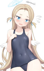 Rule 34 | 1girl, alternate costume, black one-piece swimsuit, blonde hair, blue archive, blue eyes, covered navel, cowboy shot, flat chest, flying sweatdrops, forehead, highres, long hair, looking at viewer, mini wings, one-piece swimsuit, parted bangs, school swimsuit, simple background, solo, sora (blue archive), swimsuit, tamayan, twitter username, two side up, white background, wings