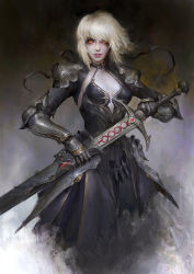 Rule 34 | 1girl, adapted costume, armor, artoria pendragon (all), artoria pendragon (fate), black dress, black ribbon, blonde hair, blood, blood on face, breasts, center opening, chainmail, cleavage, commentary, cropped legs, detached sleeves, dress, english commentary, excalibur morgan (fate), eyebrows hidden by hair, fate/stay night, fate (series), faulds, gauntlets, gem, glowing, glowing eyes, hair over eyes, hair ribbon, halterneck, hand on hilt, highres, holding, holding sheath, holding sword, holding weapon, lips, long sleeves, looking at viewer, makeup, multicolored eyes, nose, orange eyes, parted lips, pauldrons, realistic, red gemstone, ribbon, runny makeup, saber alter, scabbard, sheath, short hair, shoulder armor, sidelocks, small breasts, solo, sword, thedurianart, unsheathing, weapon, yellow eyes
