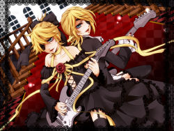 Rule 34 | 1boy, 1girl, bad id, bad pixiv id, blonde hair, blue eyes, brother and sister, crossdressing, dress, eyepatch, flower, guitar, imitation black (vocaloid), instrument, kagamine len, kagamine rin, nail polish, red nails, siblings, thighhighs, trap, twins, vocaloid