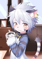 Rule 34 | 1girl, animal ear fluff, animal ears, blush, brown eyes, cat, cup, elh melizee, facial mark, fang, fang out, female focus, furry, furry female, grey hair, highres, holding, holding cup, kagarimachi konatsu, little tail bronx, looking at viewer, milk, multicolored hair, short hair, smile, solatorobo, solo, striped tail, tail, tail raised, two-tone hair, white hair