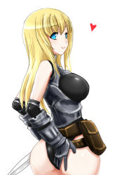 Rule 34 | 1girl, armor, ass, ass grab, blonde hair, blue eyes, breasts, elbow gloves, fantasy earth zero, gloves, hand on own ass, heart, knight, large breasts, leotard, long hair, looking back, pouch, sideboob, simple background, smile, solo, sword, urokozuki, weapon, white background