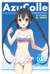 Rule 34 | 1girl, :d, bikini, black hair, character name, copyright name, cover, cover page, frilled bikini, frills, k-on!, long hair, masamuuu, nakano azusa, open mouth, purple eyes, round teeth, smile, solo, swimsuit, teeth, twintails, wet