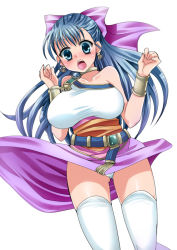 Rule 34 | 1girl, armlet, blue eyes, blue hair, bow, breasts, celi, dragon quest, dragon quest v, earrings, flora (dq5), hair bow, hair ribbon, half updo, jewelry, large breasts, long hair, matching hair/eyes, open mouth, panties, pink bow, ribbon, simple background, skirt, solo, surprised, thighhighs, underwear, upskirt