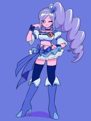 Rule 34 | 1girl, aono miki, blue background, blue footwear, blue thighhighs, boots, commentary request, cure berry, earrings, fresh precure!, hair ornament, hand on own hip, headband, heart, heart hair ornament, jewelry, long hair, magical girl, midriff, one eye closed, pink skirt, precure, purple hair, sanekome, side ponytail, skirt, solo, thighhighs, white headband
