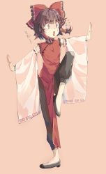 Rule 34 | &gt;:o, 1girl, :o, alternate costume, bad id, bad twitter id, blush, bow, brown eyes, brown hair, china dress, chinese clothes, commentary, detached sleeves, dress, flying sweatdrops, full body, hair bow, hair tubes, hakurei reimu, highres, large bow, pants, petite, plantar flexion, sakana-ko, shoes, short hair, solo, standing, standing on one leg, sweat, touhou, v-shaped eyebrows