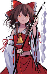 Rule 34 | 1girl, bare shoulders, bow, brown hair, closed mouth, collar, detached sleeves, e.o., eyes visible through hair, gohei, hair between eyes, hair tubes, hakurei reimu, hands up, highres, light, long sleeves, looking at viewer, orange eyes, red bow, red shirt, red skirt, shadow, shirt, short hair, simple background, sketch, skirt, solo, touhou, white background, white sleeves, yellow neckwear