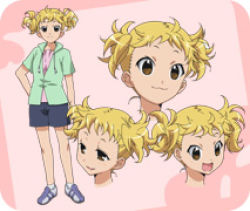 Rule 34 | 00s, 1girl, blonde hair, brown eyes, closed mouth, jacket, kanamemo, kitaoka yume, lowres, official art, open mouth, shoes, short hair, short twintails, shorts, sneakers, twintails