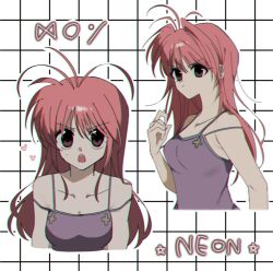Rule 34 | 1girl, antenna hair, camisole, character name, collarbone, commentary, grid background, highres, hunter x hunter, long hair, looking at viewer, looking to the side, multiple views, neon nostrade, open mouth, purple camisole, purple eyes, red hair, teeth, umxx i, upper body, upper teeth only