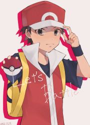 Rule 34 | 1boy, backpack, bag, baseball cap, black shirt, black wristband, brown eyes, brown hair, closed mouth, commentary request, creatures (company), dated, game freak, hand on headwear, hat, highres, holding, holding poke ball, jacket, looking at viewer, male focus, nintendo, osigatoutoi tou, poke ball, poke ball (basic), pokemon, pokemon frlg, red (pokemon), red hat, shirt, short hair, short sleeves, solo, spiked hair, upper body, wristband, yellow bag