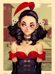 Rule 34 | 1girl, bare shoulders, black hair, choker, corset, cowboy western, cup, curly hair, dice, drill hair, elbow gloves, feathers, genzoman, gloves, original, rose (the wanderer), saloon girl, the wanderer, town, twintails