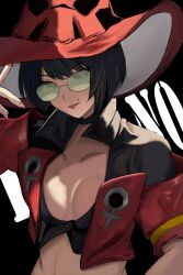 Rule 34 | 1girl, black hair, breasts, cleavage, expressionless, green-tinted eyewear, guilty gear, guilty gear strive, hat, highres, hyakka (momokashinryu14), i-no, looking at viewer, medium breasts, medium hair, midriff, mole, mole above mouth, red hat, red lips, short sleeves, solo, tinted eyewear, venus symbol, witch hat