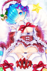 Rule 34 | 10s, 1girl, adapted costume, alternate costume, bell, blue eyes, blue hair, blue panties, blueberry, bow, bow panties, breasts, cake, christmas, cleavage, collar, detached collar, detached sleeves, elbow gloves, food, frilled collar, frilled sleeves, frills, fruit, fur-trimmed gloves, fur-trimmed legwear, fur trim, gloves, hair over one eye, hat, large breasts, leg ribbon, looking at viewer, maid, maid headdress, matching hair/eyes, panties, panty pull, re:zero kara hajimeru isekai seikatsu, red ribbon, rem (re:zero), ribbon, sack, santa costume, santa hat, snowflakes, solo, strawberry, teruru, thigh ribbon, thighhighs, thighs, underwear, whipped cream, white gloves, white panties, white thighhighs, wide sleeves