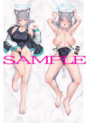 Rule 34 | 1girl, absurdres, animal ear fluff, animal ears, aqua nails, armpits, arms up, barefoot, bed sheet, blue archive, blue eyes, blush, breasts, cellphone, censored, censored by text, competition swimsuit, covered navel, cross hair ornament, dakimakura (medium), grey hair, hair ornament, halo, highres, jacket, large areolae, large breasts, long sleeves, looking at viewer, lying, mismatched pupils, multiple views, nail polish, nipples, nitro (mugityaoisii), off shoulder, on back, one-piece swimsuit, open clothes, open jacket, open mouth, parted lips, phone, ponytail, pussy juice, sample watermark, sheet grab, shiroko (blue archive), sidelocks, stained sheets, sweat, swimsuit, swimsuit under clothes, toenail polish, toenails, watermark