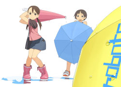 Rule 34 | 2girls, boots, brown eyes, brown hair, female focus, go robots, multiple girls, original, pink footwear, puddle, skirt, sky, twintails, umbrella, white background