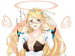 Rule 34 | &gt;:d, 1girl, :d, adjusting eyewear, archangel (p&amp;d), blonde hair, breasts, cleavage, collarbone, female focus, glasses, gochiwa, halo, headdress, highres, large breasts, long hair, open mouth, puzzle &amp; dragons, red-framed eyewear, semi-rimless eyewear, smile, solo, text focus, translated, under-rim eyewear, v-shaped eyebrows, wings