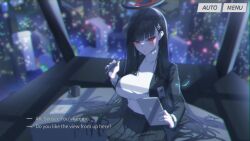 Rule 34 | 1girl, absurdres, black hair, black jacket, black skirt, blue archive, breasts, bright pupils, city lights, cityscape, commentary, english commentary, english text, fake screenshot, hair ornament, hairclip, halo, highres, holding, holding stylus, holding tablet pc, id card, jacket, large breasts, long hair, night, panvyru, pleated skirt, red eyes, rio (blue archive), sitting, skirt, solo, stylus, sweater, tablet pc, turtleneck, turtleneck sweater, very long hair, white pupils, white sweater
