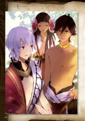 Rule 34 | 1girl, 2boys, absurdres, brown hair, closed eyes, dark-skinned female, dark-skinned male, dark skin, fate/prototype, fate/prototype: fragments of blue and silver, fate (series), flower, hair flower, hair ornament, highres, long hair, moses (fate), multiple boys, nakahara (mu tation), nefertiti (fate/prototype fragments), official art, ozymandias (fate), purple eyes, purple hair, topless male, yellow eyes
