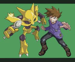 Rule 34 | 1boy, alakazam, blue oak, boots, brown footwear, brown hair, clenched hand, creatures (company), game freak, gen 1 pokemon, green background, grey pants, grin, highres, holding, holding spoon, jewelry, kokesa kerokero, letterboxed, long sleeves, male focus, necklace, nintendo, pants, pokemon, pokemon (creature), pokemon rgby, purple shirt, shirt, short hair, simple background, smile, spiked hair, spoon, teeth