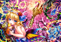 Rule 34 | 1girl, :x, alice margatroid, bad id, bad pixiv id, blonde hair, blue eyes, butterfly wings, character doll, claws, colored eyelashes, eyelashes, female focus, flower, hairband, hat, highres, insect wings, inuboe, kirisame marisa, licking, red flower, red rose, ribbon, rose, solo, tongue, topless, touhou, wings, witch hat