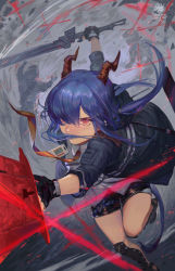 Rule 34 | 1girl, arknights, bingansuan jiamouren, blue hair, ch&#039;en (arknights), collared shirt, dragon girl, dragon horns, dragon tail, holding, holding weapon, horns, image sample, jacket, lofter sample, long hair, looking at viewer, necktie, red eyes, serious, shin guards, shirt, short shorts, shorts, solo, sword, tail, twintails, weapon
