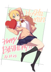 Rule 34 | 1girl, ahoge, blonde hair, blue skirt, blush, character name, closed mouth, commentary request, full body, green eyes, gulim, happy birthday, heart, hoshii miki, idolmaster, idolmaster (classic), kneehighs, long hair, looking at viewer, pleated skirt, skirt, smile, socks, solo