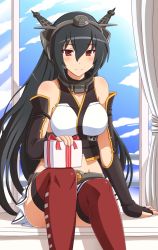 Rule 34 | 10s, 1girl, bad id, bad pixiv id, black hair, box, breasts, elbow gloves, female focus, fingerless gloves, gift, gift box, gloves, hairband, highres, jewelry, kantai collection, large breasts, long hair, looking at viewer, midriff, nagato (kancolle), pleated skirt, red eyes, ribbon, ring, shin&#039;en (gyokuro company), sitting, skirt, smile, solo, thighhighs, wedding band