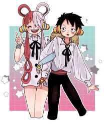 Rule 34 | 1boy, 1girl, ?, artist request, bare legs, bare shoulders, black hair, breasts, cosplay, dress, full body, hair over one eye, hat, headphones, highres, idol, long hair, long sleeves, looking at viewer, medium breasts, monkey d. luffy, multicolored hair, one piece, one piece film: red, purple eyes, red hair, shanks (one piece) (cosplay), short hair, smile, straw hat, two-tone hair, uta (one piece), v, very long hair, white dress, white hair, wide hips