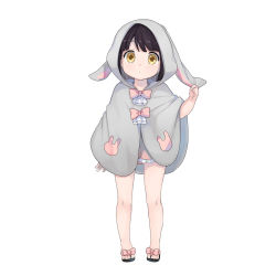 Rule 34 | 1girl, animal ears, animal print, artist request, black hair, character request, child, fake animal ears, flip-flops, full body, highres, hood, looking at viewer, official art, rabbit print, sandals, short hair, simple background, solo, white background, yellow eyes, youkai hyakki-tan!