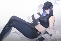 Rule 34 | 1girl, bare shoulders, baseball cap, belt, black belt, black gloves, black hat, black pants, black shirt, blue archive, blue hair, breasts, chilakkk, coat, commentary, crop top, feet out of frame, gloves, gradient background, grey background, hat, large breasts, leggings, long hair, looking at viewer, midriff, navel, off shoulder, open clothes, open coat, pants, reclining, saori (blue archive), shirt, sleeveless, sleeveless shirt, solo, stomach, thighs, white background