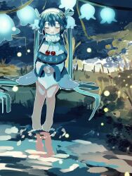 Rule 34 | 1girl, ainu clothes, aqua hair, bare legs, barefoot, capelet, closed eyes, commentary, dress, drooling, flower, fur-trimmed capelet, fur trim, glowing flower, grass, hair flower, hair ornament, hairband, hatsune miku, highres, hikimayu, light particles, lily of the valley, long hair, mouth drool, neck ribbon, open mouth, outdoors, own hands together, pond, reflection, ribbon, rowan, sitting, sleeping, sleeping upright, snowflake print, soaking feet, solo, syare 0603, twintails, very long hair, vocaloid, white capelet, white dress, white flower, yuki miku, yuki miku (2015)