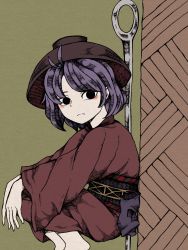 Rule 34 | 1girl, antenna hair, awk chan, barefoot, black eyes, blush, bowl, bowl hat, closed mouth, expressionless, eyebrows hidden by hair, feet out of frame, hat, highres, japanese clothes, kimono, looking at viewer, mini person, minigirl, needle, parted bangs, purple hair, red kimono, short hair, solo, squatting, sukuna shinmyoumaru, touhou, wide sleeves