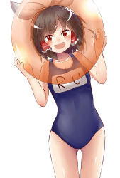 Rule 34 | 1girl, blue one-piece swimsuit, blush, breasts, brown hair, commentary request, cookie (touhou), cowboy shot, frilled hair tubes, frills, hair tubes, hakurei reimu, highres, holding, innertube, looking at viewer, medium breasts, name tag, one-piece swimsuit, open mouth, red eyes, reu (cookie), school swimsuit, shiny skin, short hair, simple background, smile, solo, swim ring, swimsuit, touhou, white background, yumekamaborosh