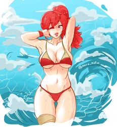 Rule 34 | 1girl, alternate costume, anna (fire emblem), armpits, arms up, bikini, breasts, collarbone, commentary, english commentary, fire emblem, gluteal fold, highres, large breasts, long hair, naru 1112, navel, nintendo, one eye closed, open mouth, outdoors, ponytail, red bikini, red eyes, red hair, red lips, smile, solo, standing, stomach, swimsuit, teeth, thighs, twitter username, underboob, wet