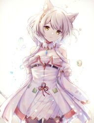 Rule 34 | 1girl, animal ear fluff, animal ears, bare shoulders, black pantyhose, braid, breasts, commentary request, detached sleeves, dress, grey hair, head tilt, highres, long sleeves, looking at viewer, mio (xenoblade), pantyhose, parted lips, short hair, small breasts, solo, standing, ui frara, white dress, white sleeves, xenoblade chronicles (series), xenoblade chronicles 3, yellow eyes
