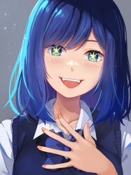 Rule 34 | 1girl, absurdres, aqua eyes, black sweater vest, blue bow, blue bowtie, blue hair, blush, bow, bowtie, collarbone, collared shirt, commentary, grey background, hand on own chest, highres, kurokawa akane, light particles, looking at viewer, medium hair, open mouth, oshi no ko, parted bangs, peng peng, school uniform, shade, shadow, shirt, simple background, smile, solo, star-shaped pupils, star (symbol), sweater vest, swept bangs, symbol-shaped pupils, teeth, upper body, upper teeth only, variant set, white shirt