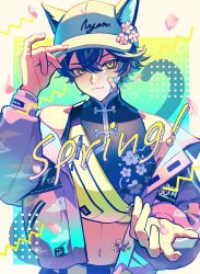 Rule 34 | 1boy, :3, absurdres, animal ears, bandaid, bandaid on face, bare shoulders, black hair, border, cat boy, cat ears, cat tail, cherry blossoms, commentary, english text, falling petals, floral print, foreground text, hair between eyes, haru4aki, hat, highres, jacket, looking at viewer, male focus, midriff, navel, original, petals, reaching, reaching towards viewer, symbol-only commentary, tail, upper body, white border, yellow eyes