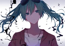 Rule 34 | 1girl, blurry, closed mouth, collarbone, depth of field, earrings, expressionless, eyewear on head, floating hair, hair between eyes, half-closed eyes, hatsune miku, jacket, jewelry, long hair, looking at viewer, mimengfeixue, open clothes, open jacket, shirt, solo, suna no wakusei (vocaloid), twintails, upper body, vocaloid, white shirt