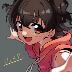 Rule 34 | 1girl, akagi miria, black hair, blush, brown eyes, close-up, commentary request, grey background, hood, hoodie, idolmaster, idolmaster cinderella girls, idolmaster cinderella girls u149, looking at viewer, nzeneee, open mouth, short hair, simple background, smile, solo, two side up